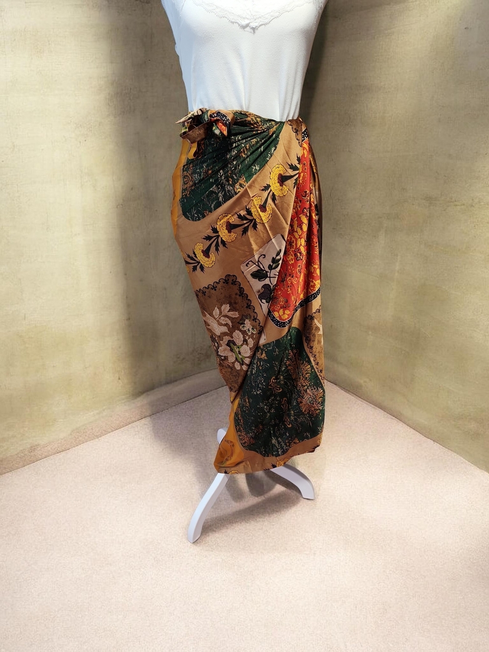 Bohemian Patchwork Tie-Waist Sarong Wrap in Green, Tan & Orange
